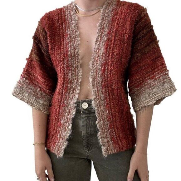 Vintage 1970s Hand Knit Sunset Desert Colored Chunky Wool Boho Cardigan Sz M - Picture 1 of 8